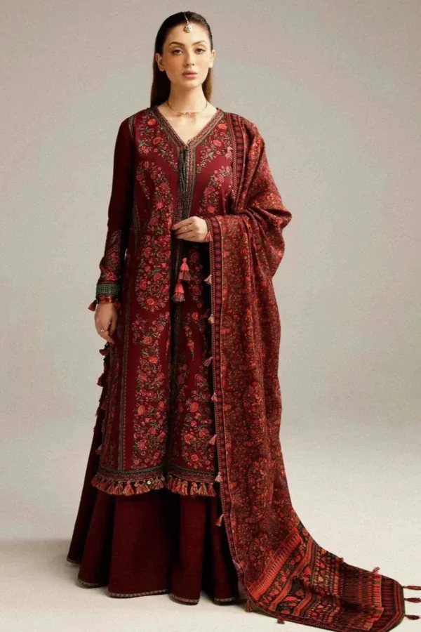 HR-730 Dhanak Embroidered Suit With Digital Printed Wool Shawl