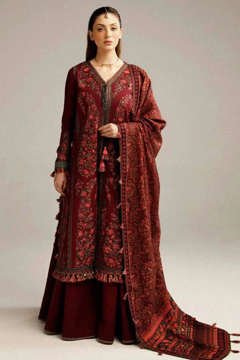 HR-730 Dhanak Embroidered Suit With Digital Printed Wool Shawl