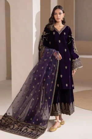 AJ-1005 Embroidered 9000 Micro Velvet 3Pc With Organza Embroidered Dupatta