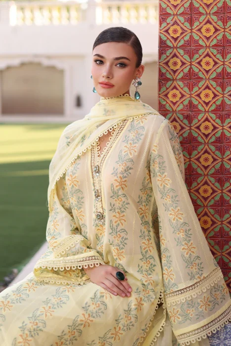 BR-801 Lawn Embroidered 3pc Suit With Embroidered Bamber Chiffon Dupatta