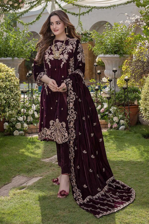 MB-1065 Sequence Embroidered Micro 9000 Gram Velvet 3Pc With Velvet Embroidered Shawl