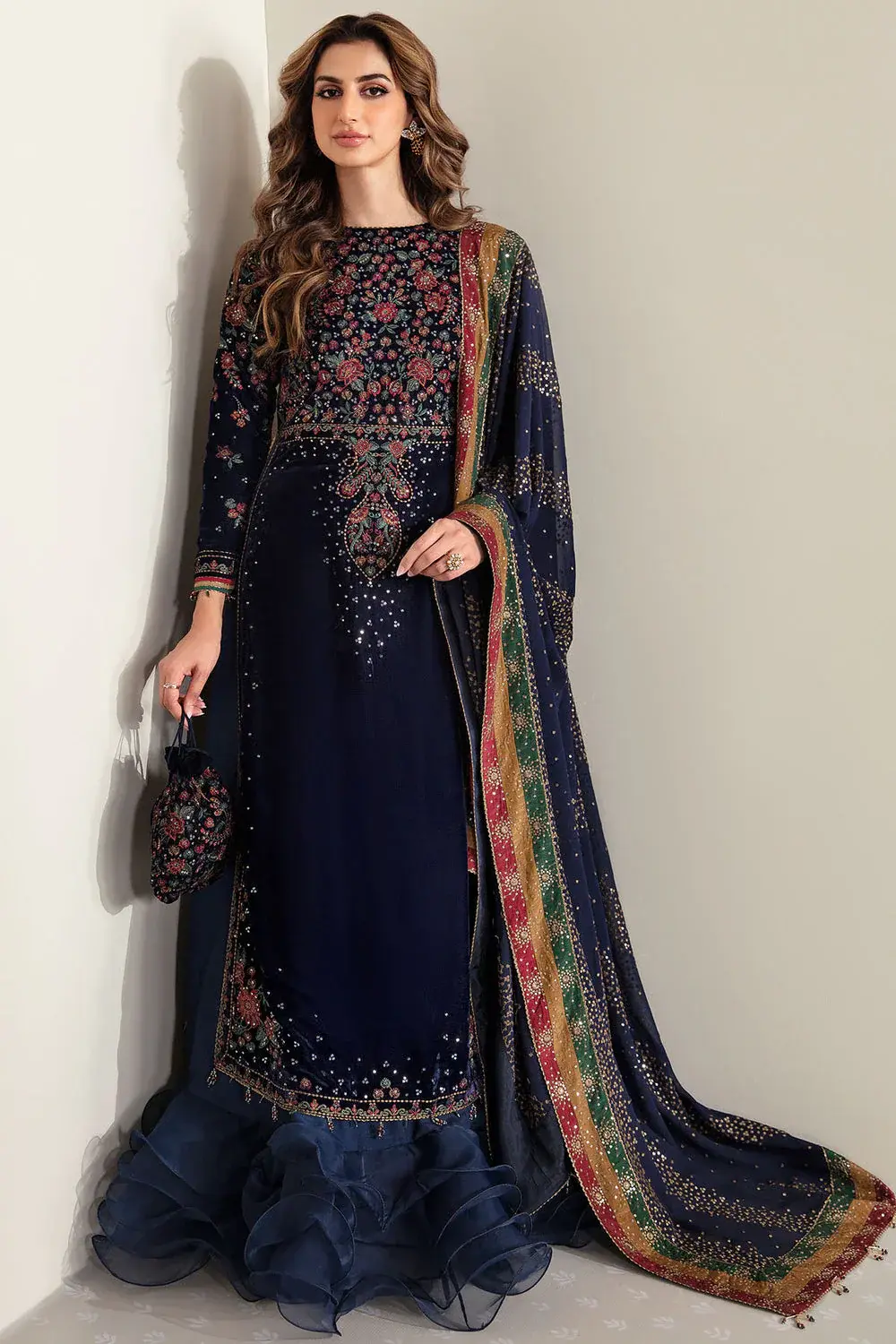 JZ-990 Embroidered 9000 Micro Velvet 3Pc With Embroidered Chiffon Dupatta