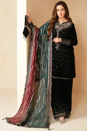 JZ-995 Embroidered 9000 Micro Velvet 3Pc With Embroidered Chiffon Dupatta
