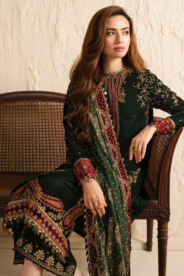 JZ-999 Embroidered 9000 Micro Velvet 3Pc With Embroidered Chiffon Dupatta