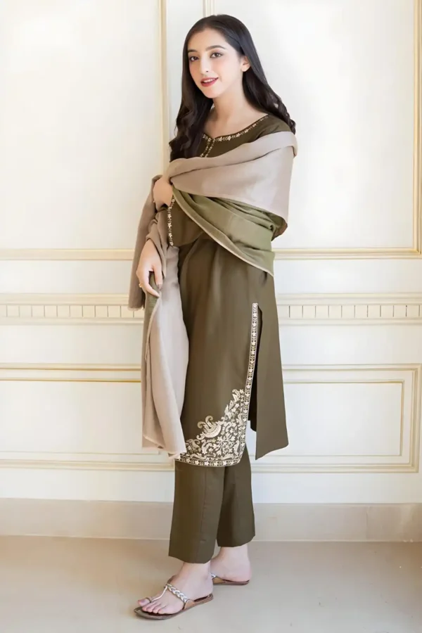 AS-10 Unstitched Embroidered Dhanak Suit With Dyed Dhanak Shawl