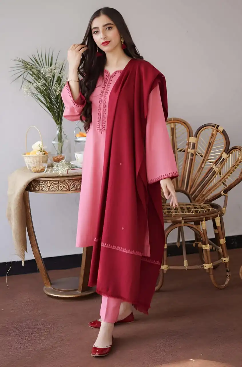 AS-15 Unstitched Fully Embroidered Dhanak Suit With Dhanak Shawl