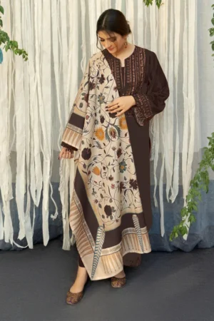 BR-845(B) Dhanak Embroidered Suit With Digital Printed Wool Shawl
